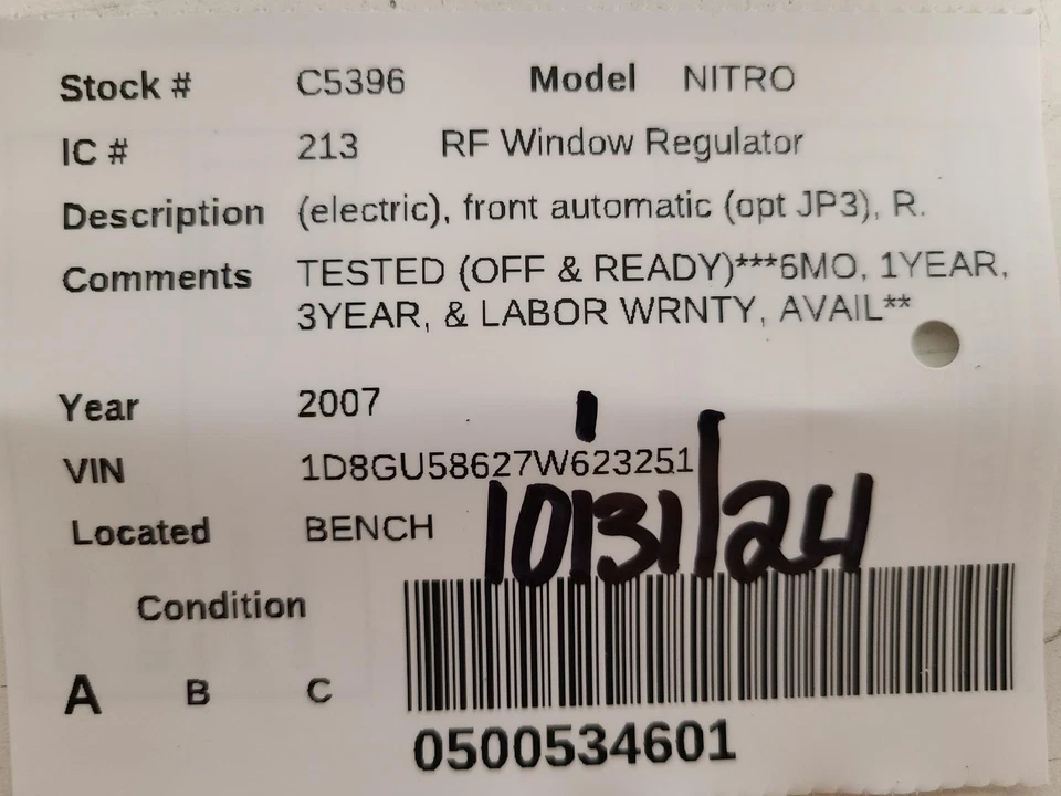 Used Front Right Door Window Regulator Front fits: 2007 Dodge Nitro electric fro Foto 3 de 4