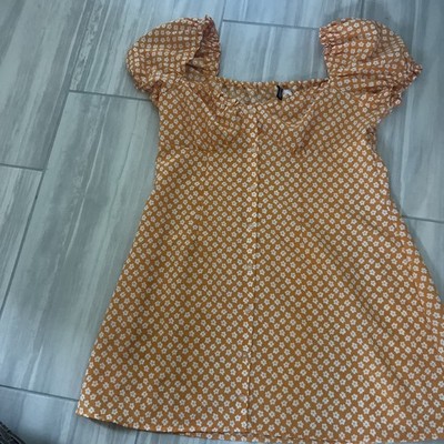 DIVIDED H&M Yellow-Orange White Floral Print Milkmaid Style Shirt Dress Large