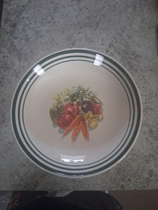 Round Ceramic Bowl White with Green Rim, Shiny Finish, Vegetable Pattern