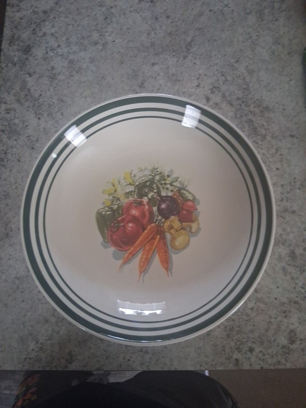 Round Ceramic Bowl White with Green Rim, Shiny Finish, Vegetable Pattern