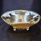 Jeannette Anniversary Candy Dish Marigold Carnival Glass Rib Hexagon Footed VTG