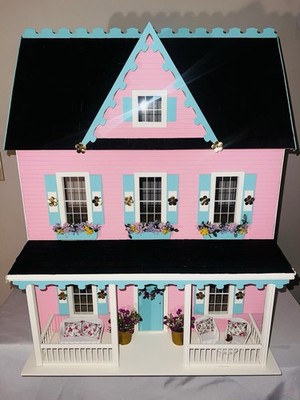 Vermont Farmhouse Jr.Dollhouse 2-Story 5-Room Painted Pink/Teal, Part-Furnished 