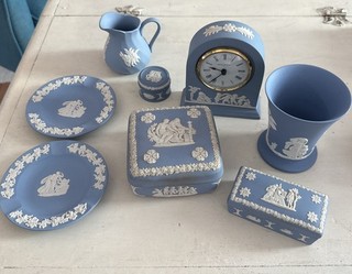 Vintage Lot 8 Pieces Wedgewood Blue Jasperware England Boxes Clock Pitcher