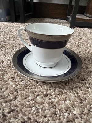 Noritake Crestwood Cobalt Platinum Porcelain Coffee Tea Cup And Plate