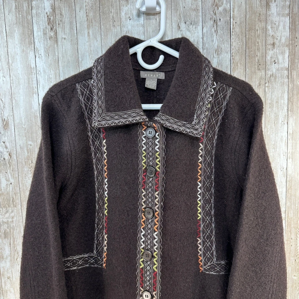 Kenar Womens Brown 100% Wool Embroidered Boho Coat Jacket 3/4 length Size Large - Image 2 of 4