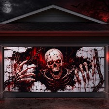 Halloween Garage Door Cover 7 X 16 ft, Skull Horror Backdrop Large Hanging Decor