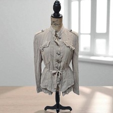 Free People Women Emilia Belted Jacket Size S Sand Khaki Linen Blend Lace Ruffle