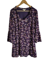 Style & Co Dark Plum Dress Top With Light Floral Print Bell Sleeve Shape Tunic L