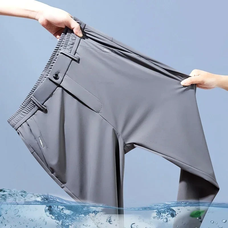 Men's Ice Silk Elastic Slim Fit Trousers Quick Dry Straight Casual Pants