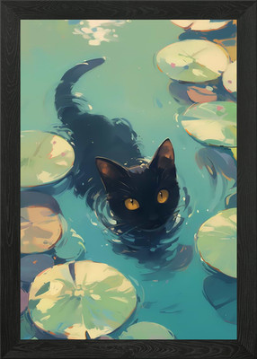 Black Cat in Water Lilies Framed Wall Art Poster Canvas Print Picture