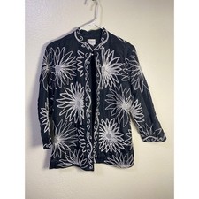 Chicos Silk Embroidered Jacket Size 2 Large Black Floral Mandarin Collar