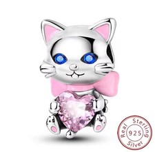 Sterling Silver 925 Pink Cat Charm - Beautiful Charm ! Buy with Confidence.
