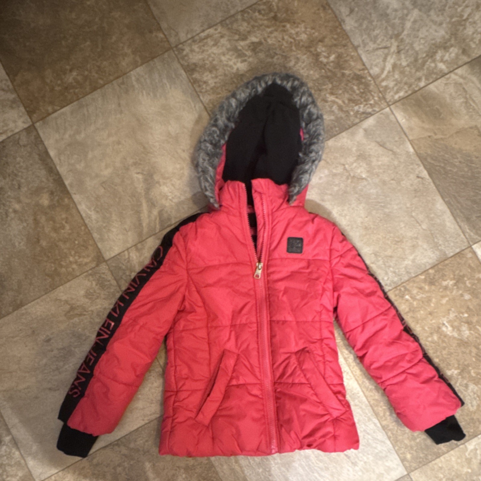 Calvin Klein Jeans Girls Pink Puffer Jacket Hooded Fur Trim Zip Size 6