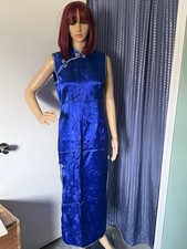 Vintage Blue Chinese Cheongsam Qipao Dress Satin Floral Maxi Slit S Bust 37  