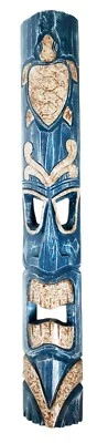 TIKI Mask Wooden Wall Plaque 100 cm Hand Carved Painted MAORI STYLE TURTLE - Image 1 of 4