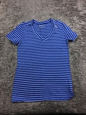 Reebok Shirt Womens Size XS Extra Small Blue Striped V-Neck Short Sleeve Tee