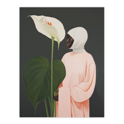Peace Lily Sensation grau grün rosa Frau mit Riesenblume Kunst Poster Druck