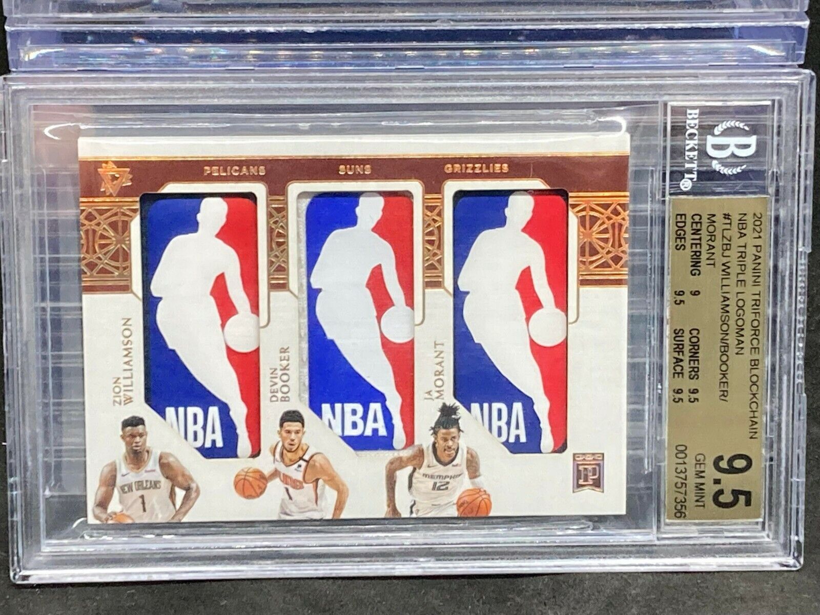 Image 1 - 2021 Blockchain Zion Williamson Ja Morant Booker Triple Logoman #1/1 BGS 9.5 BN