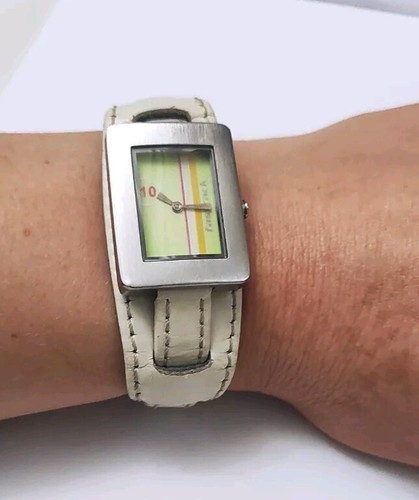 Women's Fastrack watch, silver rectangular case, white leather band, new battery