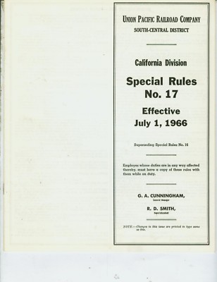UNION PACIFIC RAILROAD ETT TIMETABLE SPECIAL RULES CALIFORNIA DIV. #17  7-1-1966