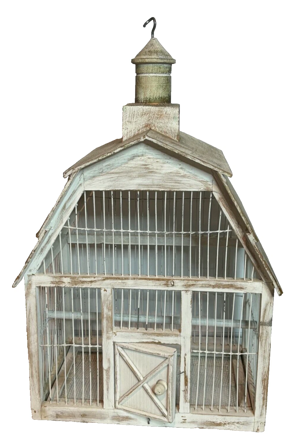 Vintage Antique Repro Wood Wire Metal White Barn Hanging Bird Cage Farm House