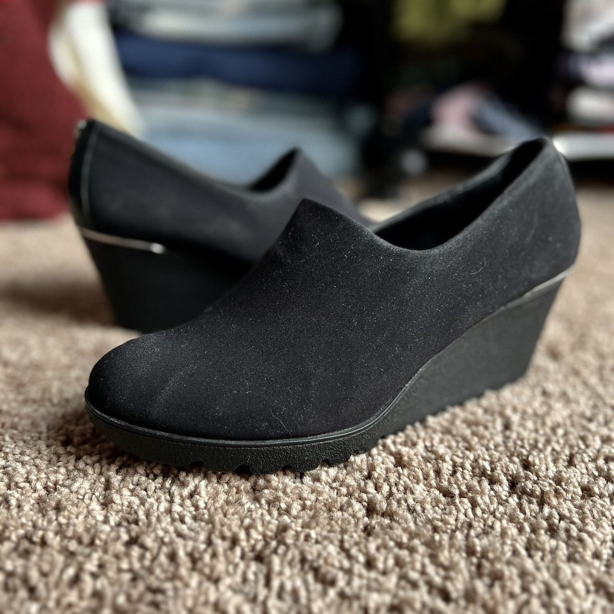 Donald Pliner Black Crepe Elastic Maddy Wedge Platforms Shoes
