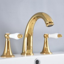 Gold Widespread Bathroom Sink Faucet Double Handle 3 Hole Deck Mounted Mixer Tap