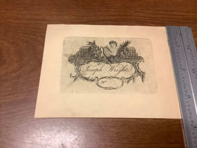 Original BOOKPLATE - Joseph WRIGHT cherub playing harp, books