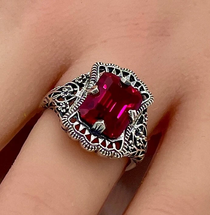 ANILLO ESTILO ANTIGUO RUBÍ CREADO EN LABORATORIO PLATA ESTERLINA 925 ROJO VIVO #1309 Foto 2 de 3