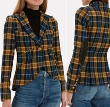$795 SMYTHE Plaid Leather Elbow Patch Blazer Wool Blend Check Tartan 4
