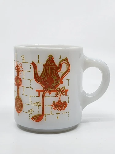 Vintage MCM Hazel Atlas Kitchen Aids Coffee Tea Mug Milk Glass Orange White