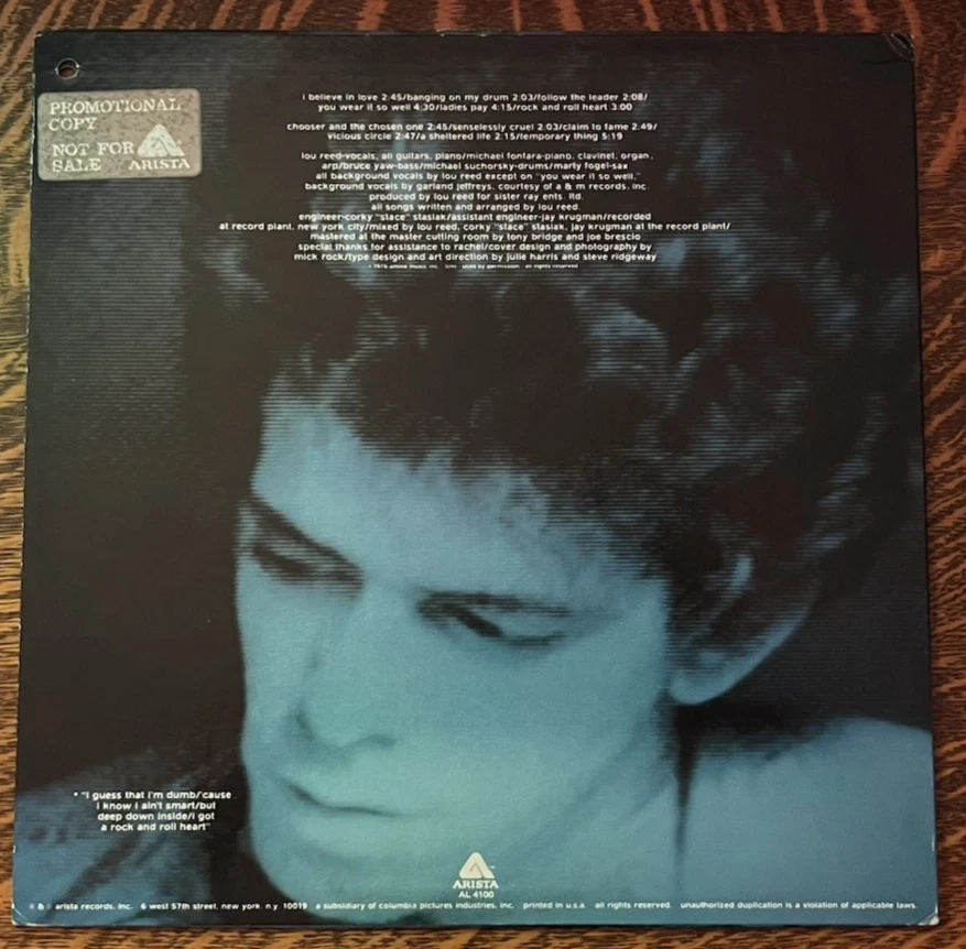 WHITE LBL PROMO**12" LP~ LOU REED~1976~ROCK AND ROLL HEART~OF VELVET UNDERGROUND Foto 2 de 4