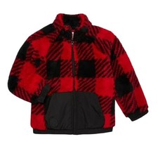 365 Kids Buffalo Plaid Fleece Jacket Red Black 3/4 Zip Pockets Size 10
