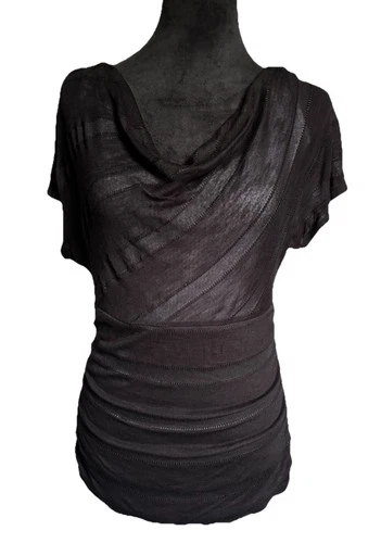 IZ Byer Black Mesh Lace Back Semi Sheer Ruched Short Sleeve Women Chic Blouse LG