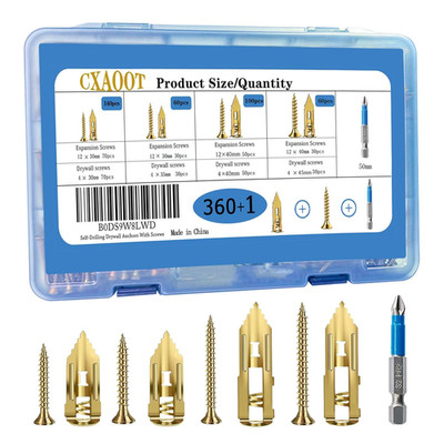 360Pcs Self Drilling Drywall Anchors with Screws Kit, 4 Sizes Sheetrock Anchors