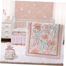 4 Piece Organic Cotton Baby Crib Bedding Set for Girls - Newborn, Infant 