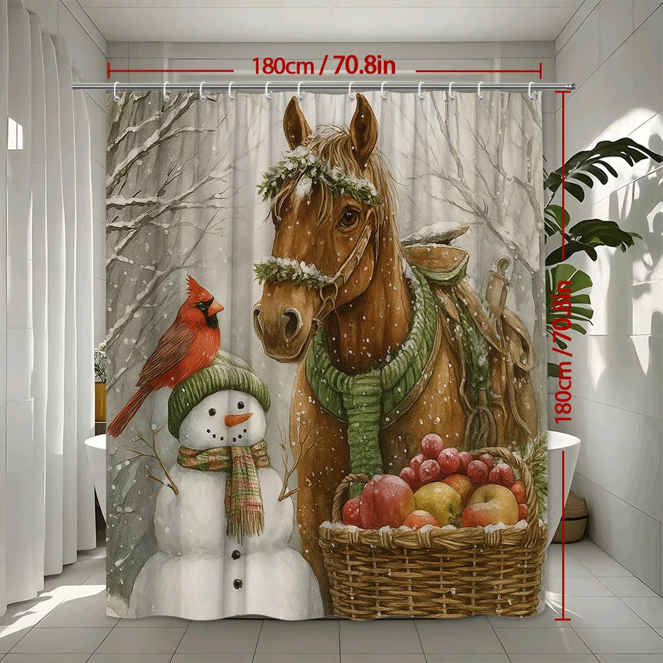 Занавеска для душа лошадь снеговик кардинал корзина зимний деревенский рождественский ванная комната - Изображение 3 из 4