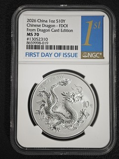 2026 S10Y Chinese Dragon Card Edition First Day of Issue NGC MS 70 Silver Coin