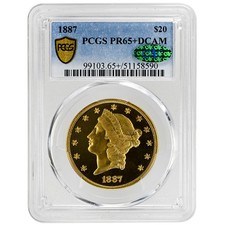 1887 $20 Liberty Head PCGS PR65+DCAM CAC Rare Coin