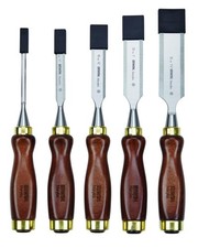 5 Piece Set Beveled Wood Chisel Hardwood Handle Leather Pouch Carving Hand Tool
