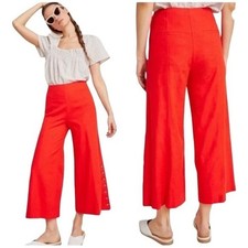 Anthropologie Red High Rise Cropped Wide Leg Button Pants Palazzo Linen Blend