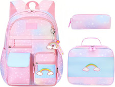 Pink 3Pcs Heart-Print Girls Backpack Set with Lunch Box for Elementary School Ki