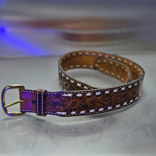 Vintage Wright Hand Tooled Leather Western Belt Size 28 Buckstitch Floral USA