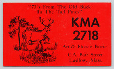 Postcard QSL KMA 2718 Ludlow Massachusetts Ham Radio Old Deer Buck Tall Pines