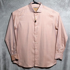 Canali Impeccabile Dress Shirt Mens 44 17.5 Pink Orange Micro Check Made Italy