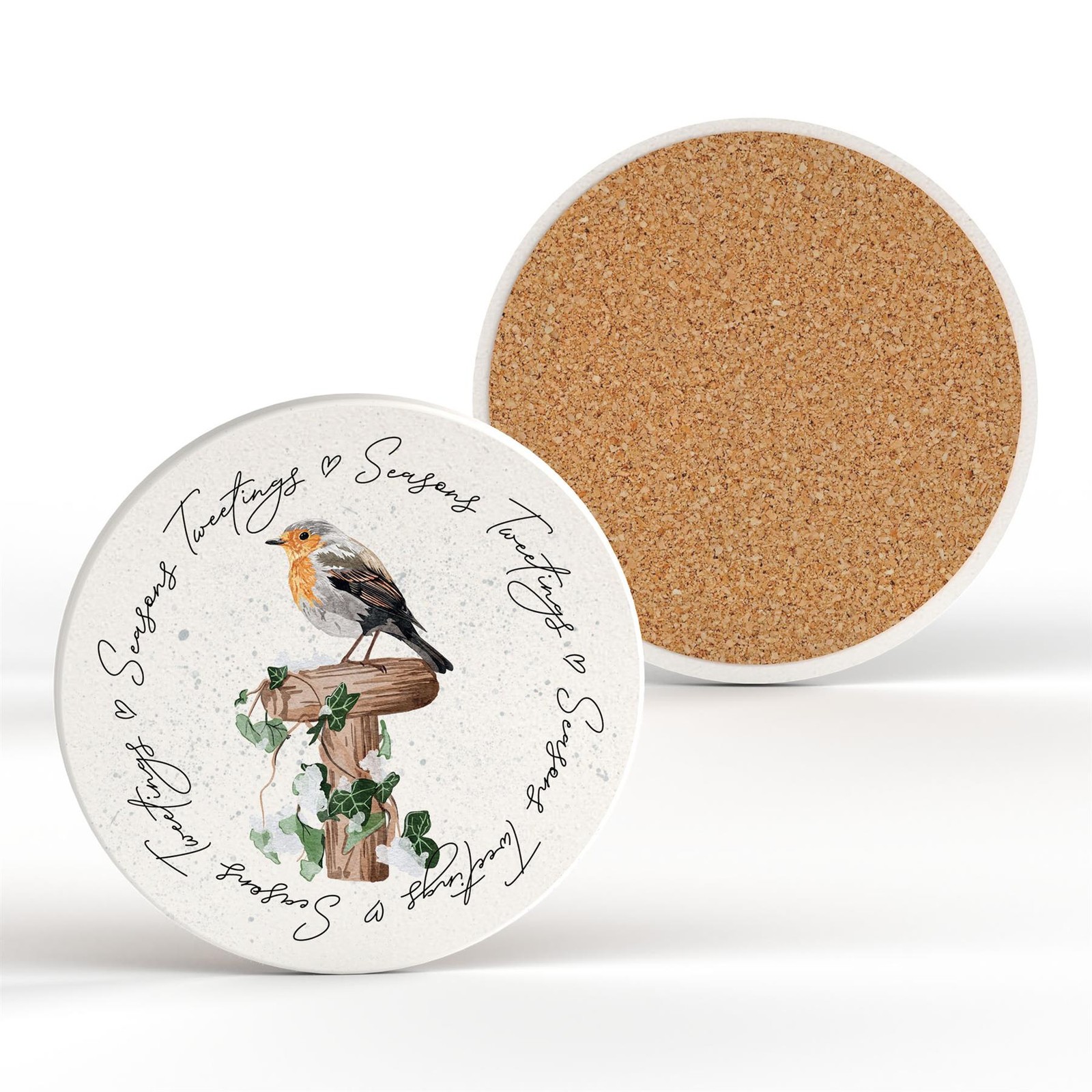 Seasons Tweetings Robin On Garden Tool Handle Watercolour Ceramic Round Coaster
