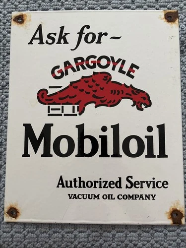 VINTAGE MOBIL PEGASUS GARGOYLE PORCELAIN SIGN CAR GAS OIL TRUCK 10”x12”