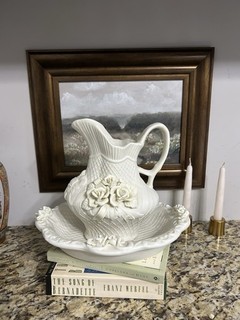 Antique Wash Basin Bowl and Jug Pitcher Set: Handcrafted Ivory White 3D Floral