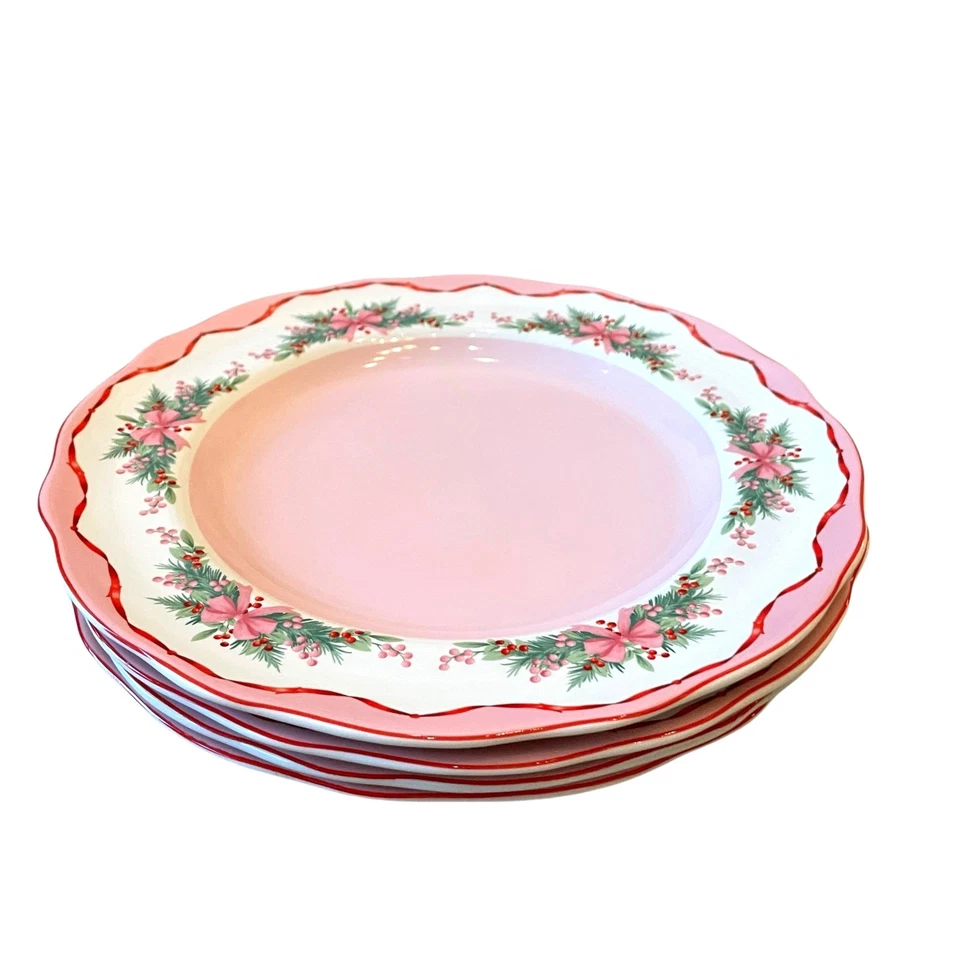 4 Platos de Cena ROSA NAVIDAD Arcos Rosa Árbol de Navidad Acebo 11" Porcelana 222 Quinto Foto 4 de 4