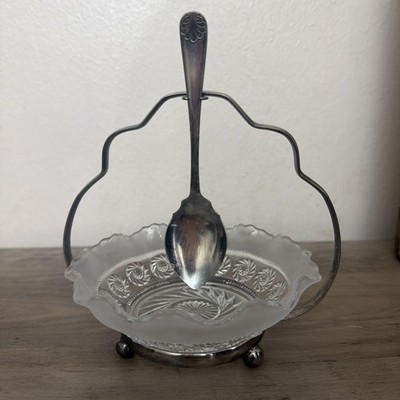 VINTAGE ENGLAND-GLASS SUGAR/JAM  BOWL WITH CELTIC PLATED CRADLE /HOLDER & SPOON